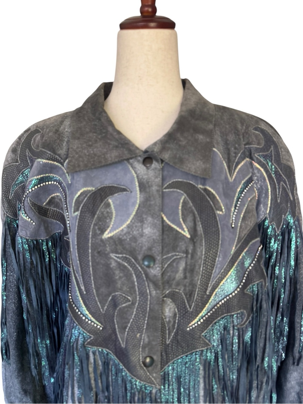 Vintage 80s Roberto Cavalli Fringed Metallic Blue Gray Suede Western Jacket XS - Picture 2 of 16